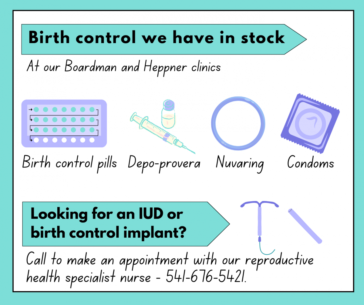 Birth control we have in stock: pills, depo-provera, Nuvaring, condoms. Looking for an IUD, implant? Call for appointment.